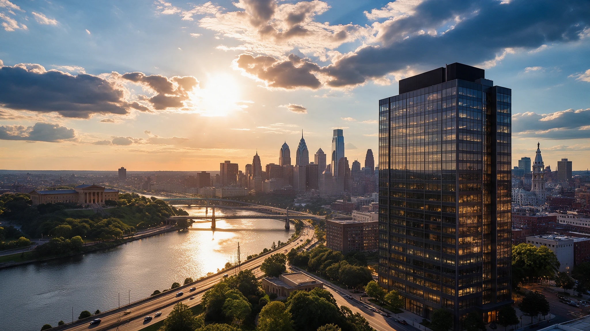 One Riverside at golden hour: a dark glass tower beside the river, the skyline and museum beyond.